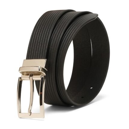 Black Genuine Leather Men’s Belt with Polished Silver Pin Buckle