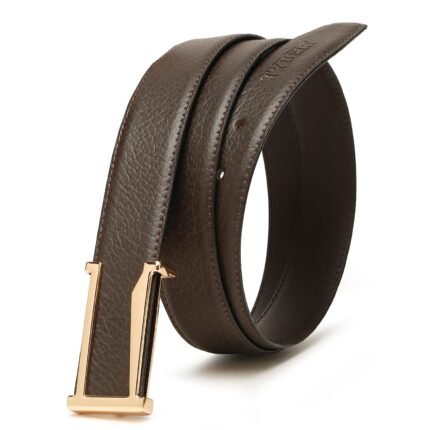 Classic Brown Textured Genuine Leather Men's Belt – Gold Pin Buckle, Adjustable